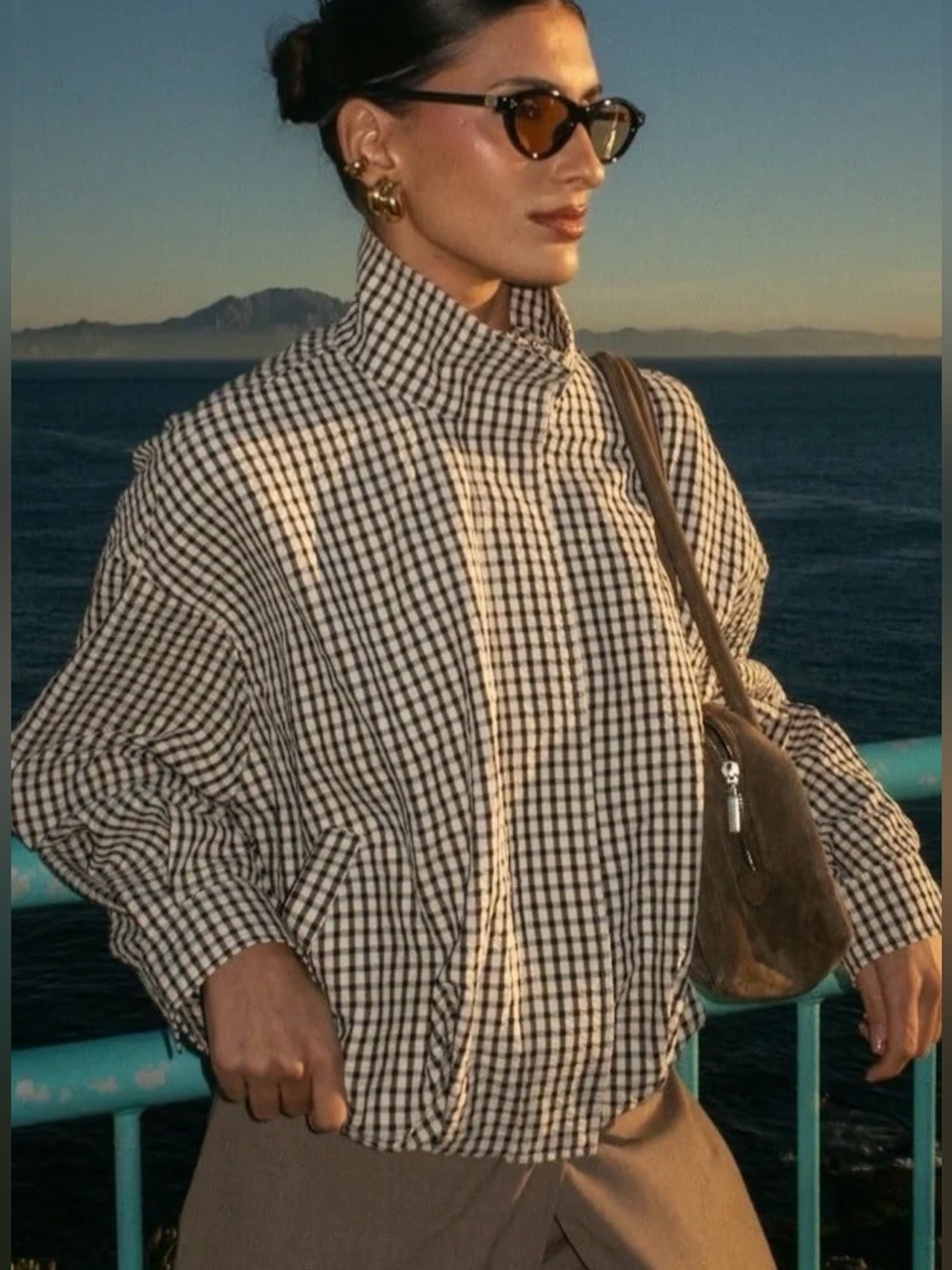 Womens High-Neck Gingham Check Pullover Jacket Black & White Large NWT